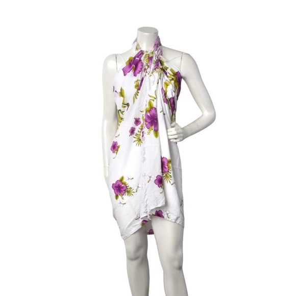 Hibiscus Hawaiian Floral Sarong Swimsuit Cover Up Wrap Vacation Purple White - Picture 1 of 8
